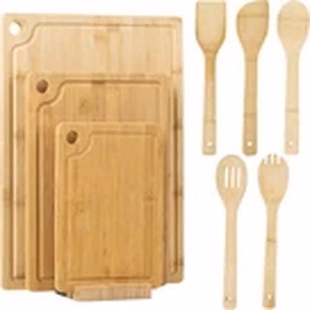 EONLION Natural Bamboo 3-Piece Rectangular Chopping Board Set with Stand and 5 Utensils in Brown and Beige