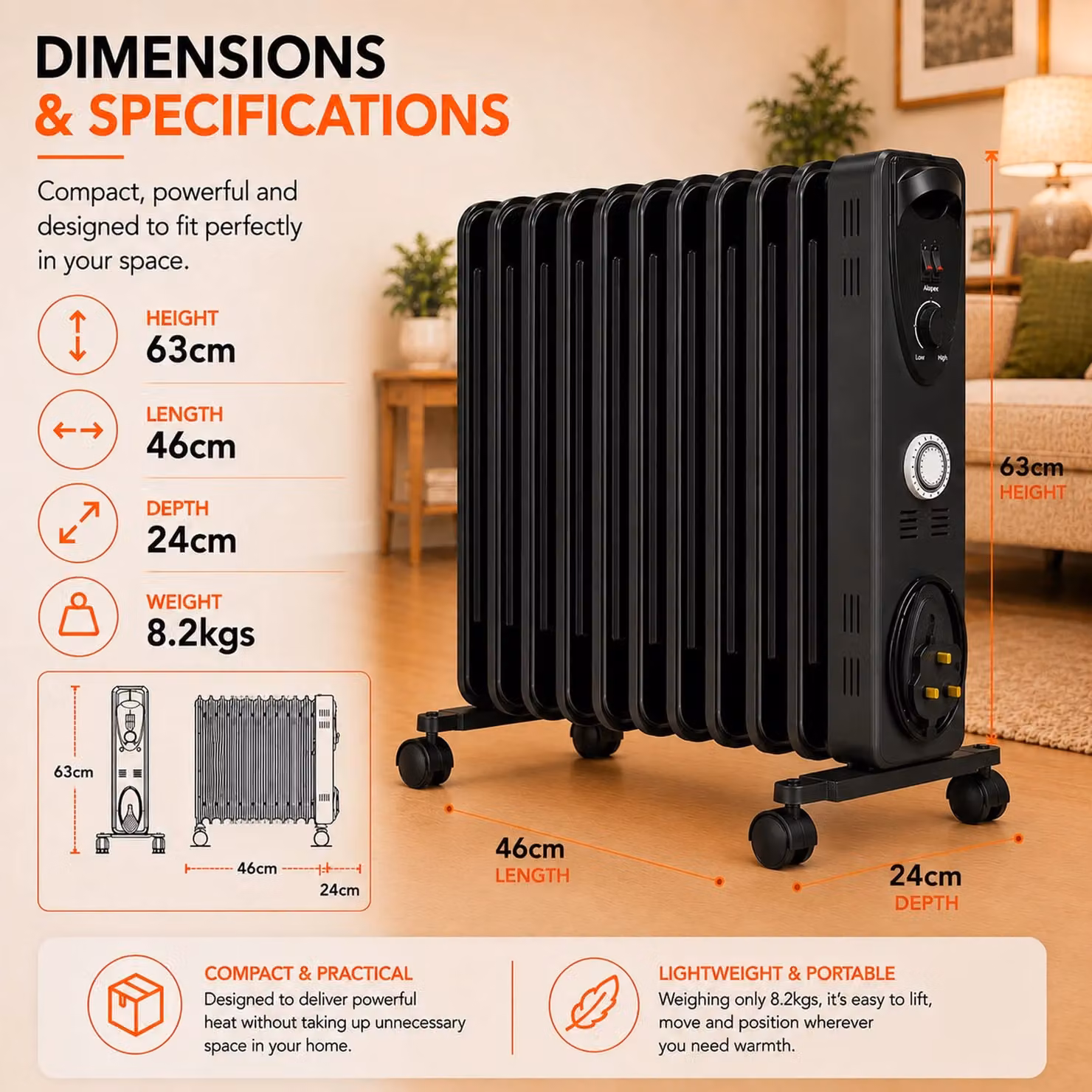 MYLEK 2.5kW Electric Oil Filled Radiator with Adjustable Thermostat and Timer in Black – 2