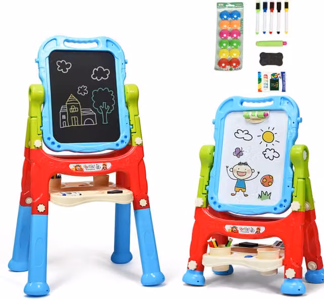 COSTWAY Kids Double Sided Chalkboard and Whiteboard Art Easel in Blue and Multicolour
