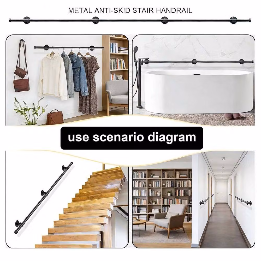 Hinsinc Black Galvanised Steel Round Stair Handrail Grab Bar, W: 52 cm, L: 300 cm – 2