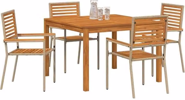 Berkfield Home Elegant 5 Piece Garden Dining Set in Beige Poly Rattan and Acacia Wood – 1