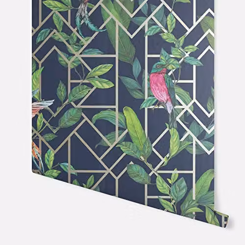 Arthouse Art Deco Botanical Floral Wallpaper in Blue and Gold, Width: 53 cm – 3