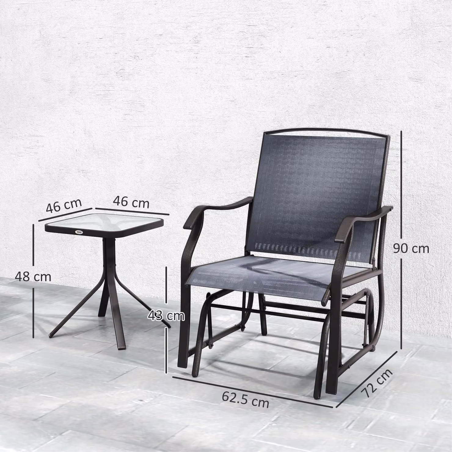 Outsunny Grey Glider Rocking Chair and Square Glass Table Bistro Set for Garden, Terrace or Balcony – 3