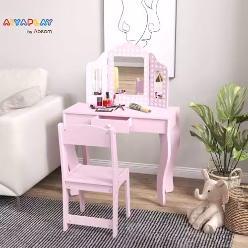 AIYAPLAY Kids Dressing Table with Tri-Fold Mirror and Stool, Pink, W/D/H: 102.5 x 34.0 x 71.0 cm – 2