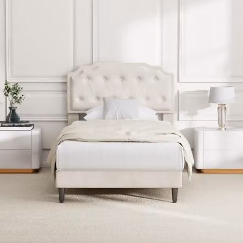 MCC Direct Chelsey Single Velvet Upholstered Bed Frame with Tufted Headboard in Beige, 90 x 200 cm – 1