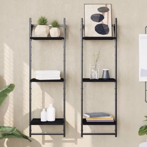 vidaXL 2-Piece 3-Tier Wall Mounted Shelves with Hanging Rods in Black, W/D/H: 30 x 25 x 100 cm – 2