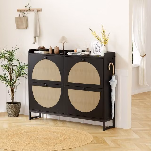 HMD Rattan Design Shoe Cabinet Organizer with 4 Flip Drawers, Black, H 93.5 x W 76.7 x D 23.5 cm
