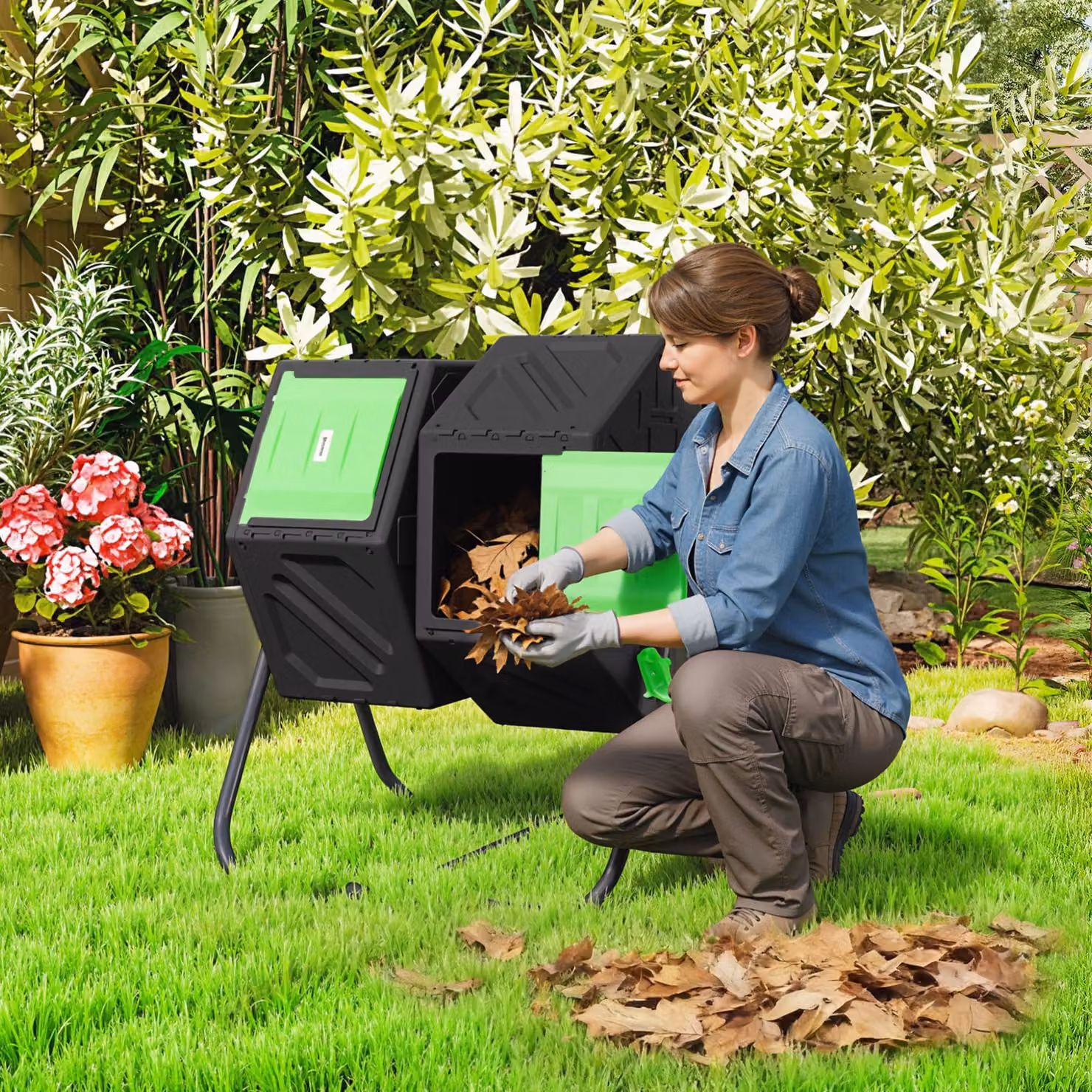 Outsunny Dual Chamber Rotating Garden Compost Bin, 130L, Green – 2