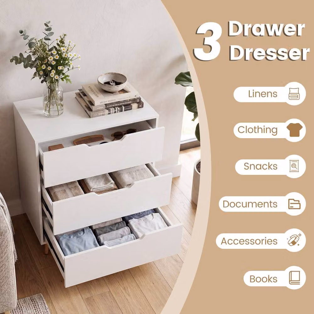 Costway Modern 3-Drawer Wooden Nightstand and Tall Chest of Drawers in White – 2
