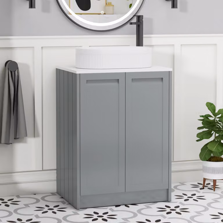 Royal Bathrooms Elmore 600mm Floor Standing 2 Door Vanity Unit in Matt Pebble Grey with Plain White Worktop and Lyon Basin