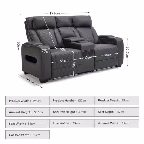 More4Homes Capri 2 Seater Electric Recliner Sofa in Charcoal with Bluetooth Speakers, LED Lighting and USB Charging – 3