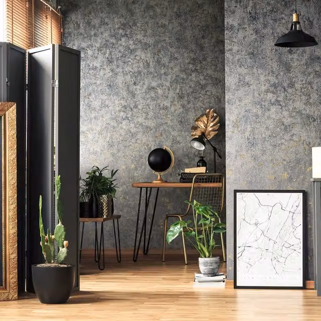 Galerie Olio Abstract Textured Metallic Wallpaper in Anthracite, Grey and Gold Matt Finish