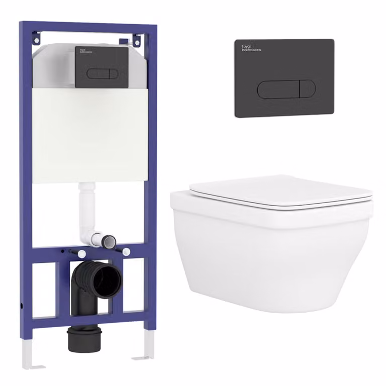 Royal Bathrooms Evora Wall Hung Rimless Ceramic Toilet with Slim Soft Close Seat and Aqua Black Plate Wall Hung Frame