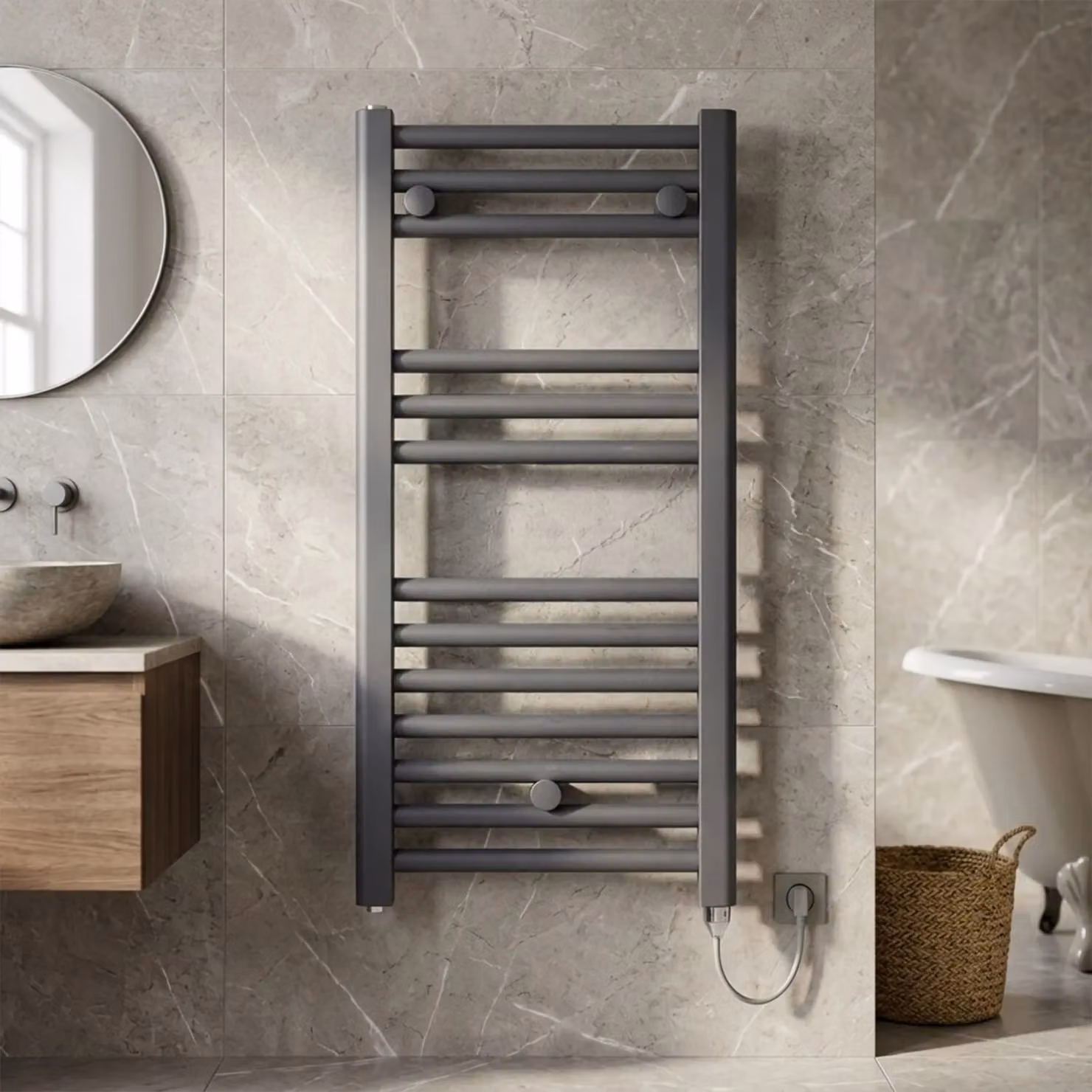 Balterley Electric Vertical Round Towel Rail with 13 Rails, Anthracite Grey, H: 72 cm, W: 40 cm – 3
