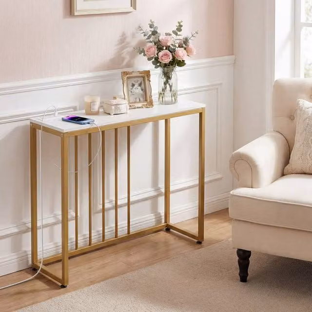 Gymax Modern White Narrow Hallway Console Table with Charging Station, Width: 100 cm