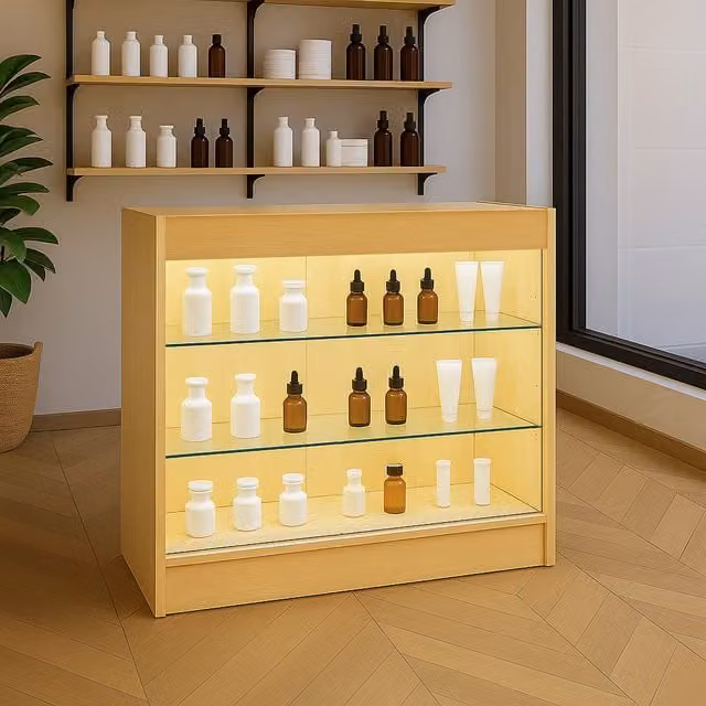 Monster Shop K900 LED Shop Counter in Beige with Glass Doors and Integrated Lighting