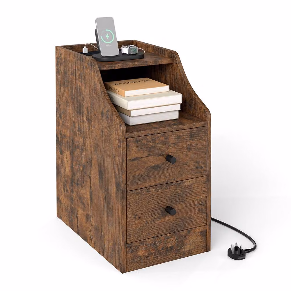 Gymax Brown Side Table with Charging Station and Storage Drawers – 5