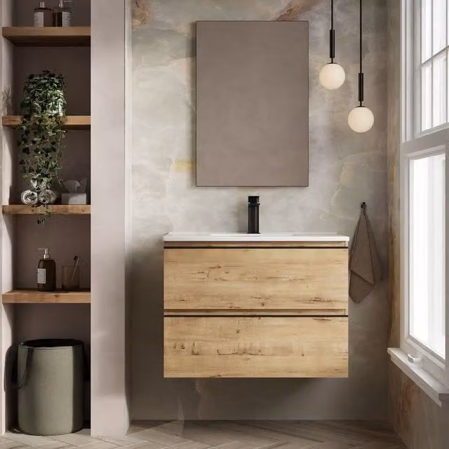 Banyetti Vatilla 800mm Wall Hung Vanity Unit with Lira Basin in Ostippo Light Oak