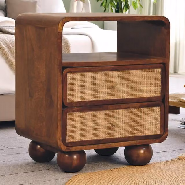 Artisan Furniture Vintage Mango Wood and Rattan 2 Drawer Bedroom Nightstand in Brown