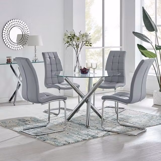 FurnitureboxUK Selina Round Glass Dining Table and Four Murano Chairs in Grey – 1
