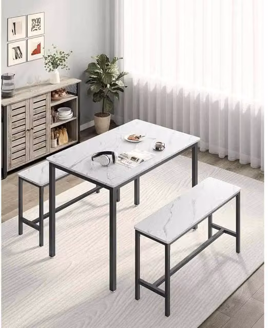 The Bazaarist 3 Piece Industrial Dining Table and Bench Set for 4, White and Black Marble Effect – 1