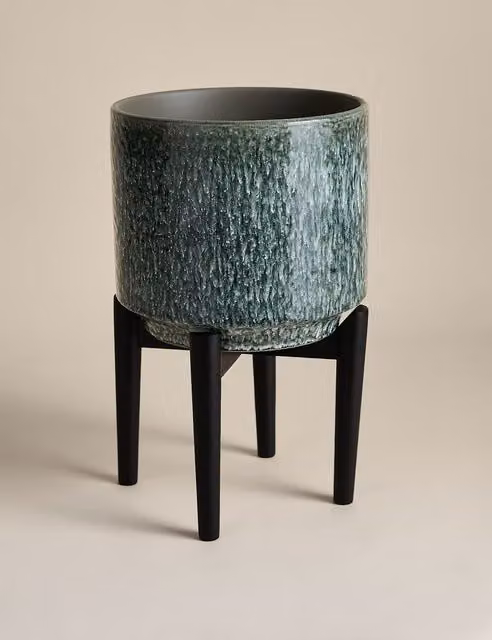 M&S Large Round Abstract Modern Ceramic Tabletop Planter in Blue