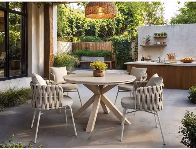 Solace+Co Florence Round Stone Garden Dining Set with 4 Louisa Chairs in Beige and White