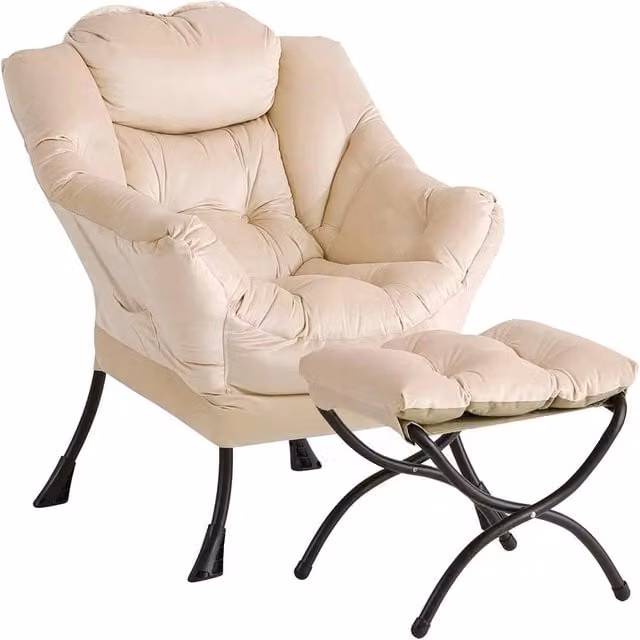 VOGREX Modern Lazy Lounge Armchair with Footstool in Off-White