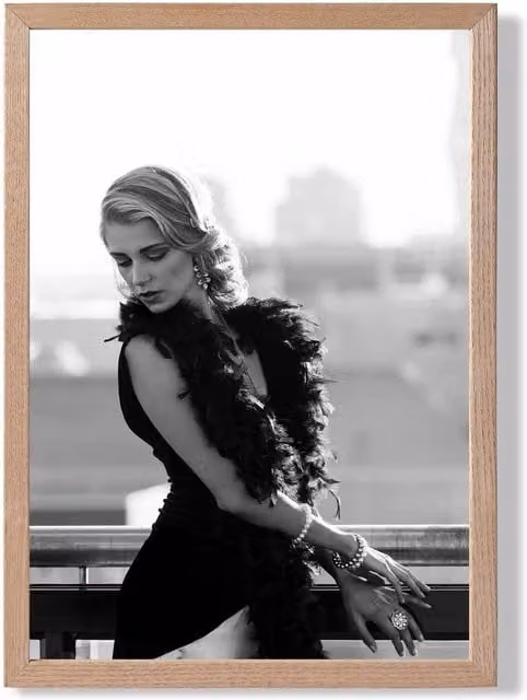 ARTZE Woman on a Paris Balcony Black and White Fashion Photograph Framed Print with Oak Frame