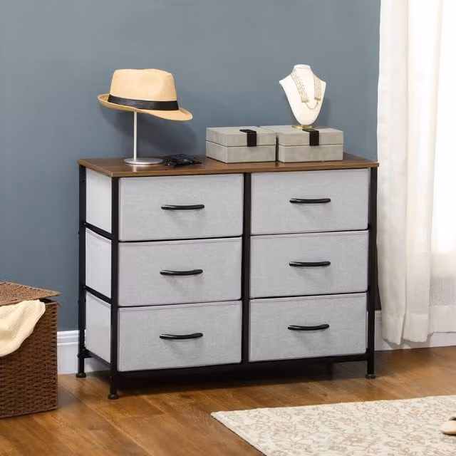 HOMCOM Industrial Chest of Drawers with 6 Fabric Bins and Steel Frame, Grey – 1