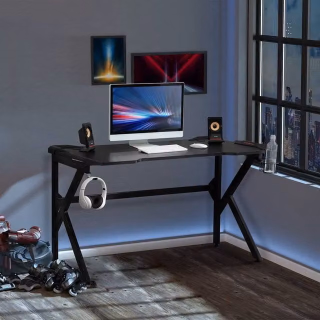 HOMCOM Black Gaming Desk with Steel Frame and Headphone Holder – 1