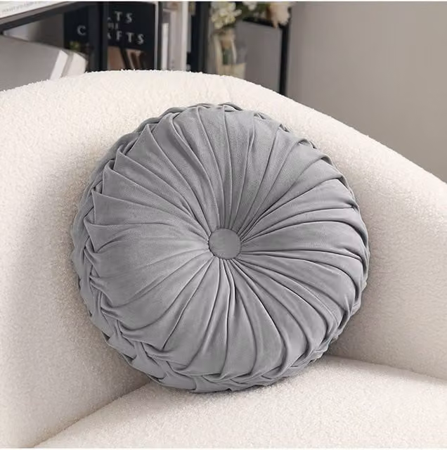 Living and Home Grey Velvet Pleated Pumpkin Shape Throw Pillow, Diameter: 45 cm – 1