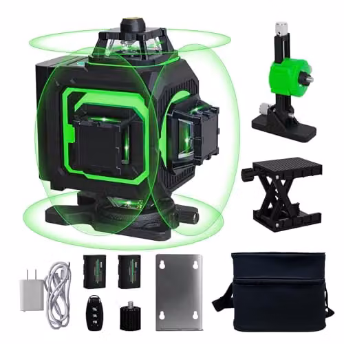 Traderight 4D Green Laser Level with 360 Degree Self-Levelling 16-Line Horizontal and Vertical Projection, Remote Control, IP54 Rating, Adjustable Stand and 2x 2400mAh Rechargeable Batteries