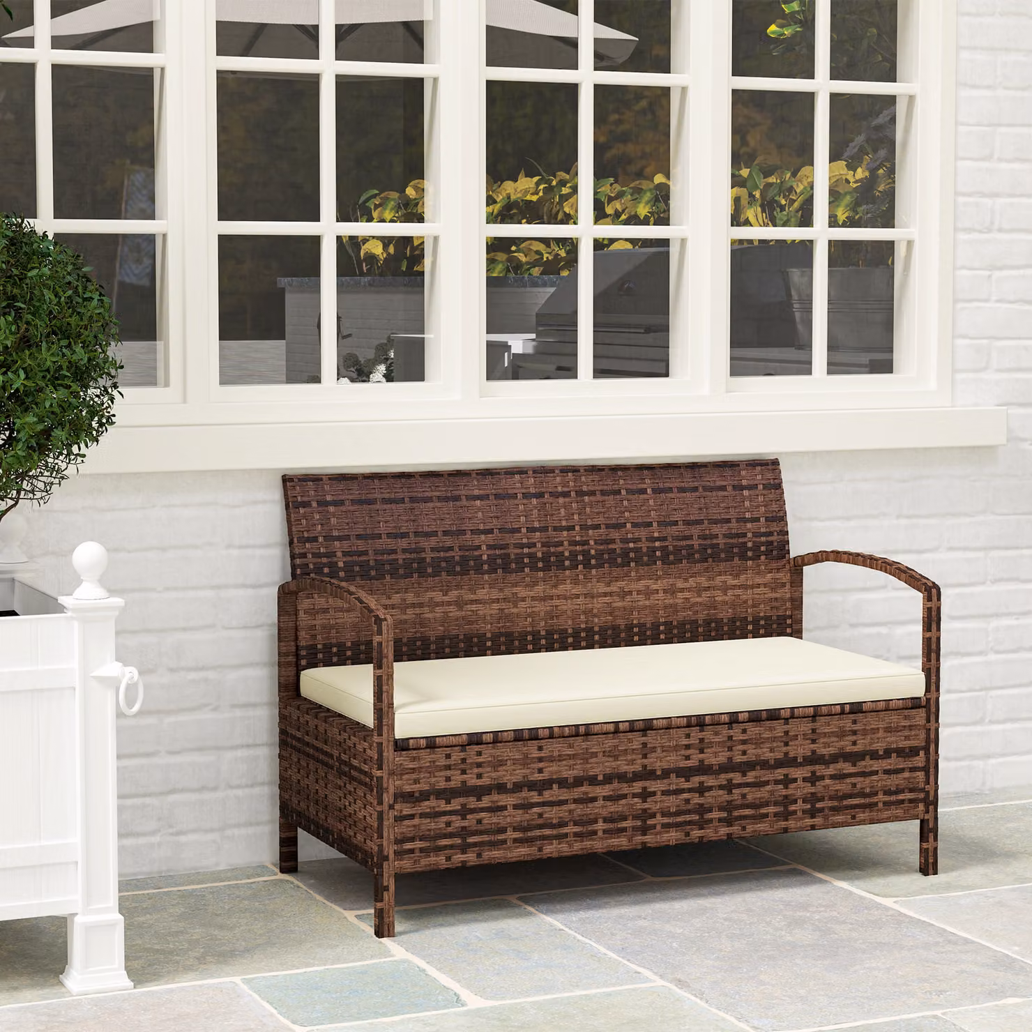 Outsunny 125L Garden Storage Bench with Cushions in Brown – 8