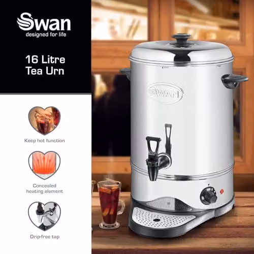 Swan SWU16L Catering Urn in Silver Stainless Steel with Automatic Temperature Control and Drip Tray, 16L, 2200W – 2