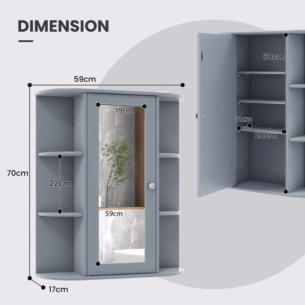 Costway Grey Wooden Wall Mounted Bathroom Medicine Cabinet with Mirror and Internal Shelves – 2