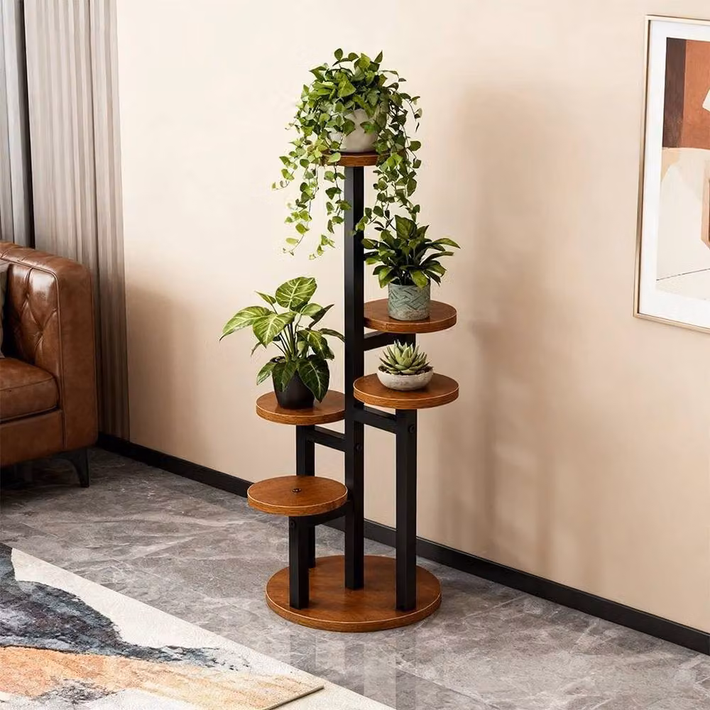 KORVIXA 6 Tier Vintage Wood and Metal Plant Stand in Brown and Black – 3