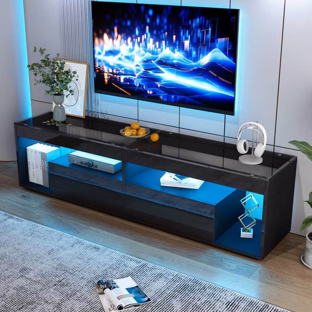 Rolipo Black High Gloss LED TV Stand with Integrated Lighting for up to 80 Inch TVs, Width: 180 cm – 6