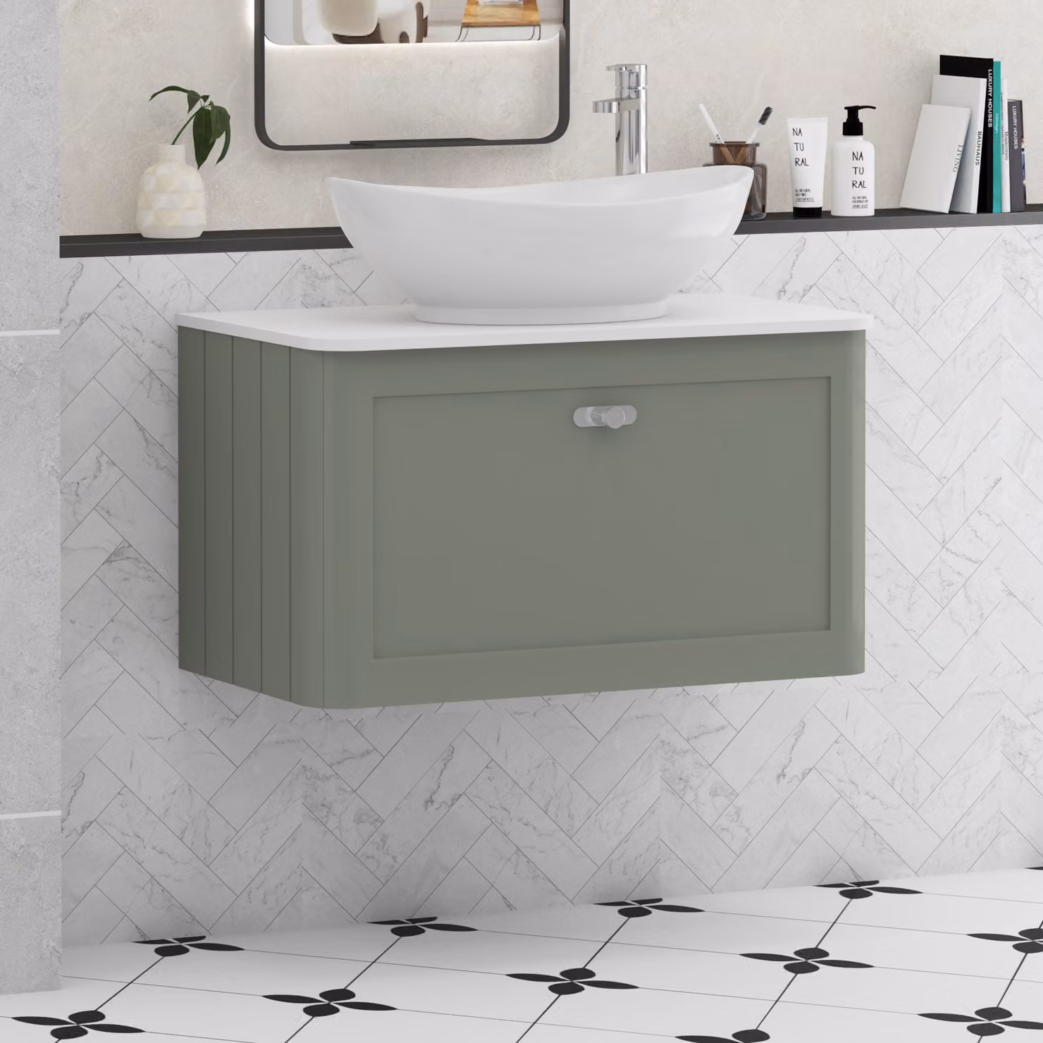 Royal Bathrooms Henley 800mm Wall Hung Vanity Unit in Sage Green with 1 Drawer, Plain White Worktop, Amaze Basin and Chrome Knob