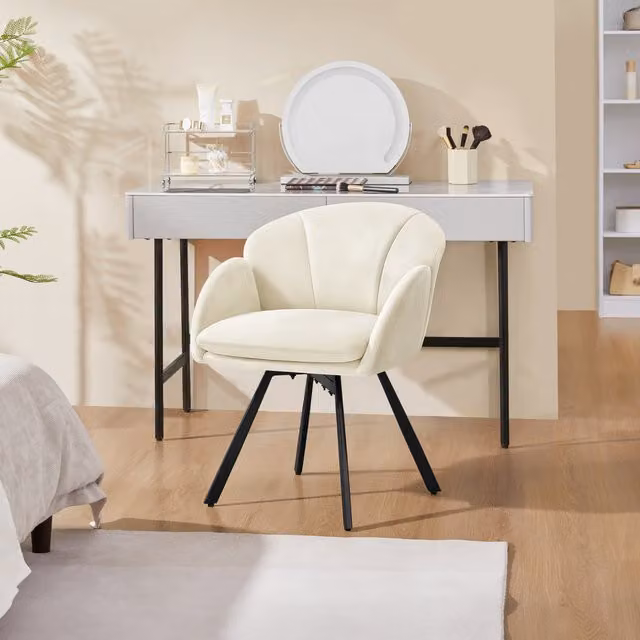 Yaheetech Beige Fabric Vanity Chair with Swivel Seat and Armrests