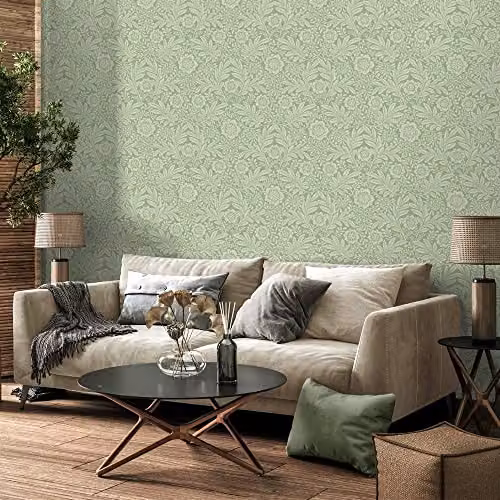 Crown Camille Damask Sage Green Non-Woven Floral Abstract Washable Wallpaper Roll – 2