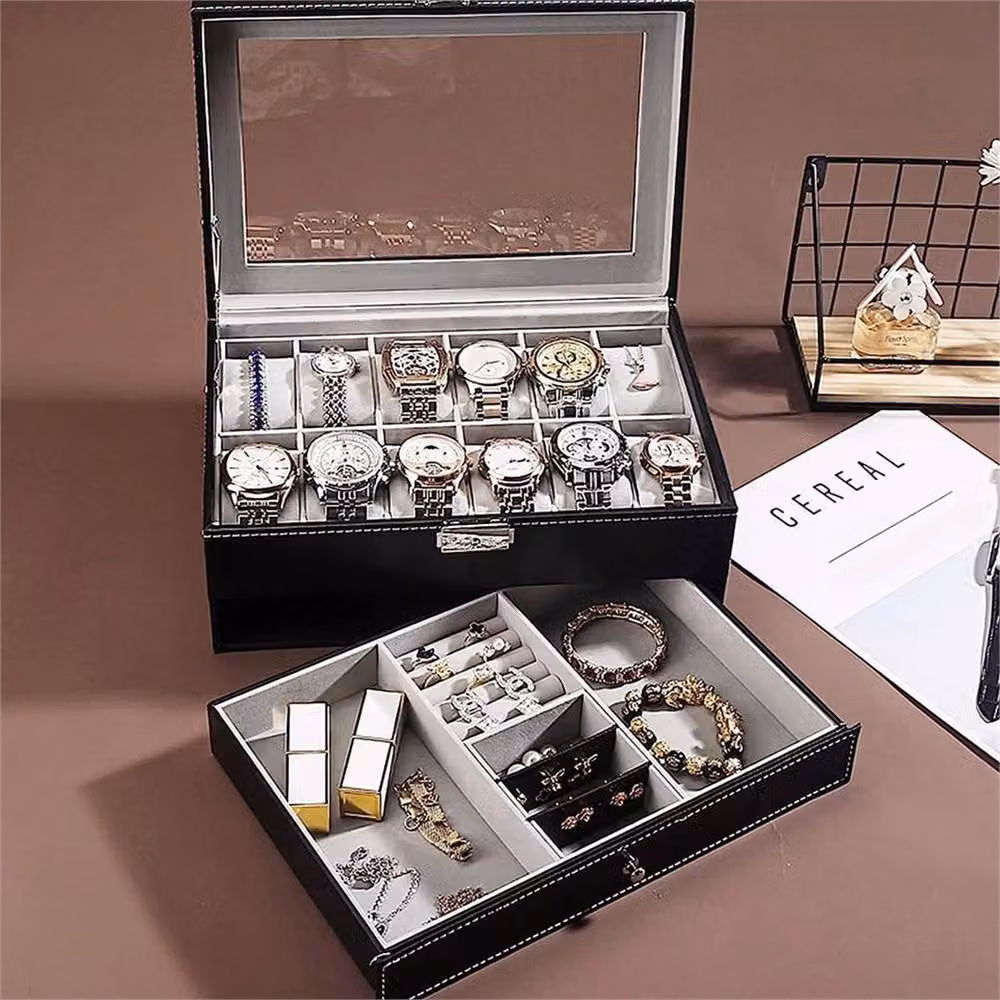 VOGREX Black Leather Watch Box with 12 Grids and Transparent Glass Display Lid – 3