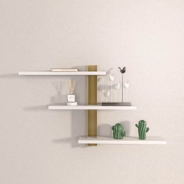 Decorotika Mita Gold and White Wall Mounted Metal and Wood Shelving Unit