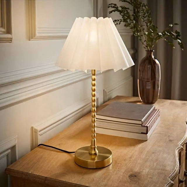 Maeve Brushed Gold Bobble Table Lamp with White Pleated Tapered Fabric Shade