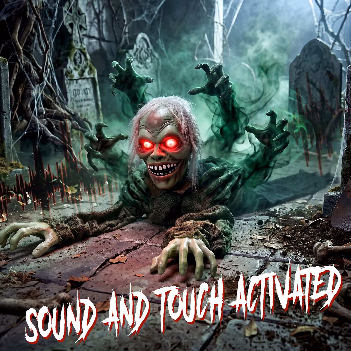 HOMCOM Halloween Animatronic Crawling Zombie Decoration with Light-Up Eyes and Creepy Sound in Multicolour – 4