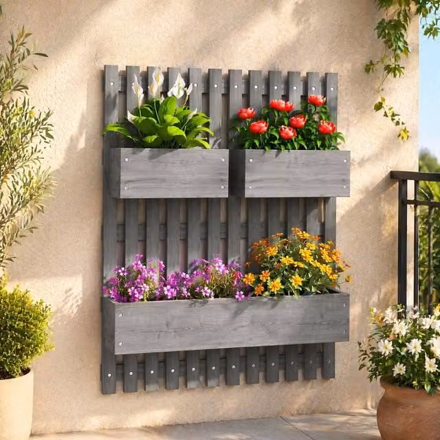 STILVORA Wall-mounted Planter with Trellis and 3 Grey Wood Boxes, W: 80.0 cm, H: 60.0 cm, D: 12.5 cm – 1