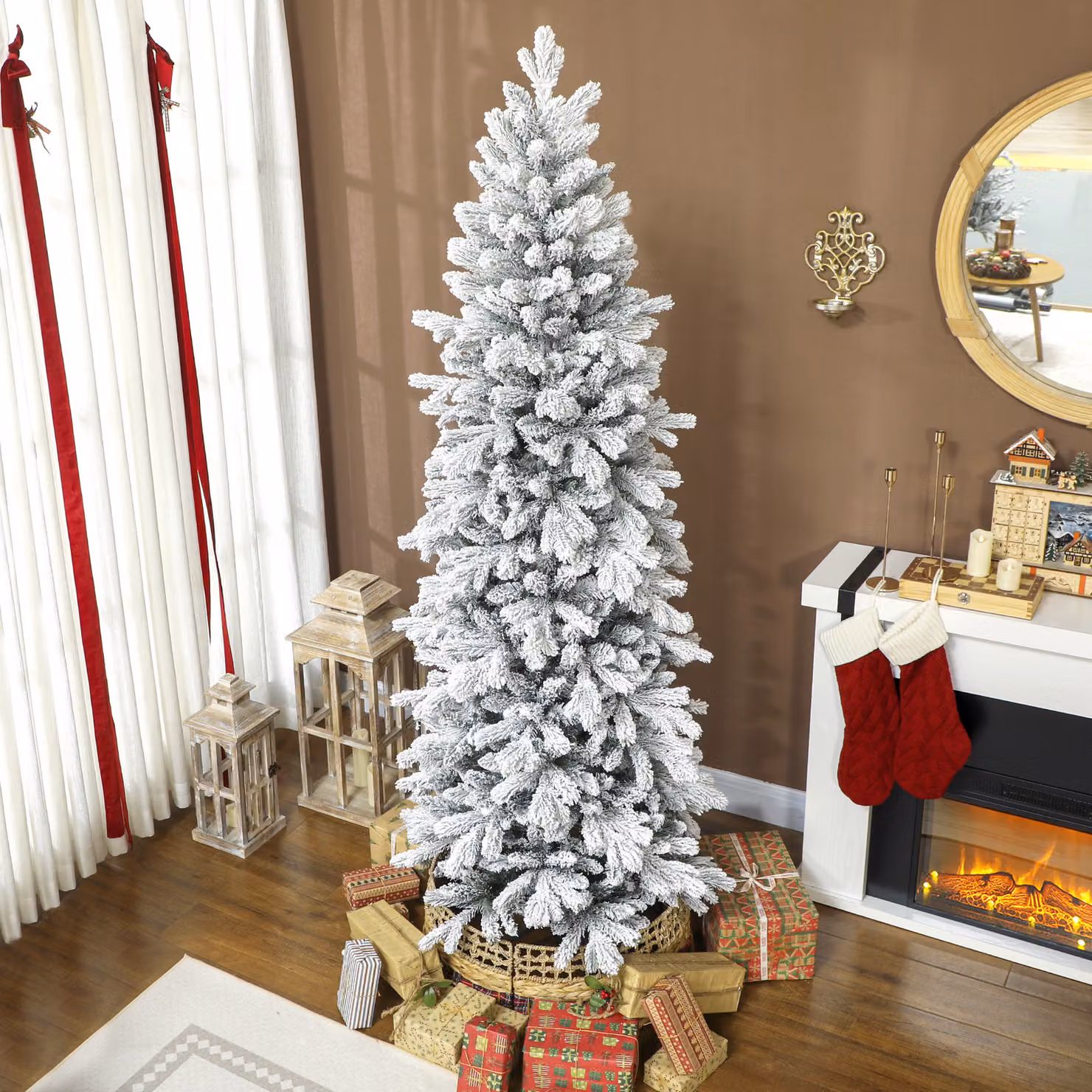 HOMCOM 7ft Flocked Artificial Christmas Tree in Green and White – 2