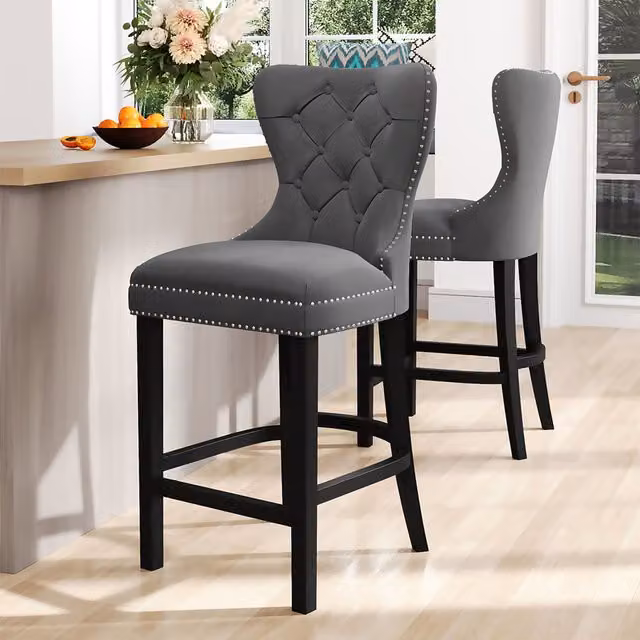 Livingandhome Modern Velvet Upholstered Bar Stool Dining Chair in Grey and Black