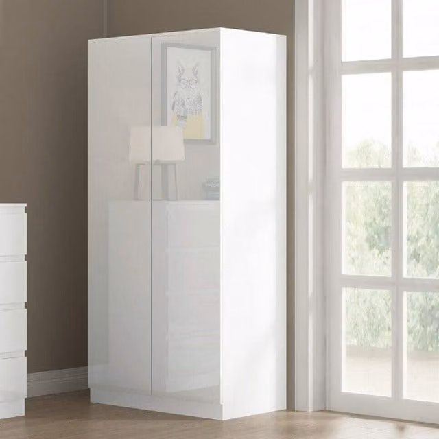 FWStyle White Gloss 2 Door Wardrobe with Soft Close Doors, H 180 x W 80 x D 50 cm