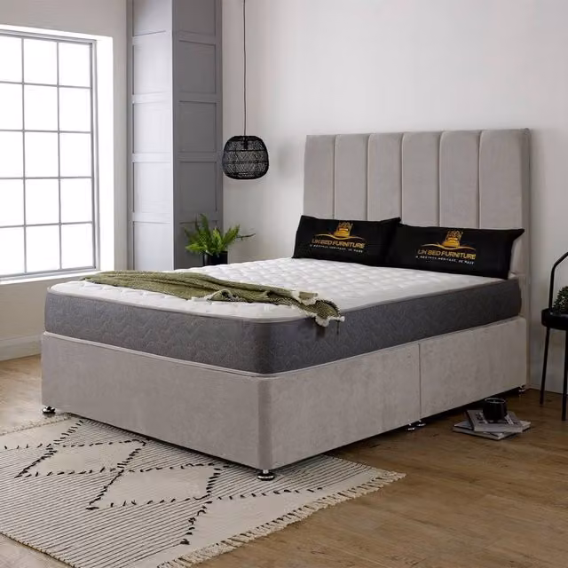 UK Bed Furniture Savannah Divan Bed with 2 Drawers and 26 Inch Headboard in Light Beige, W/D/H: 140 x 200 cm